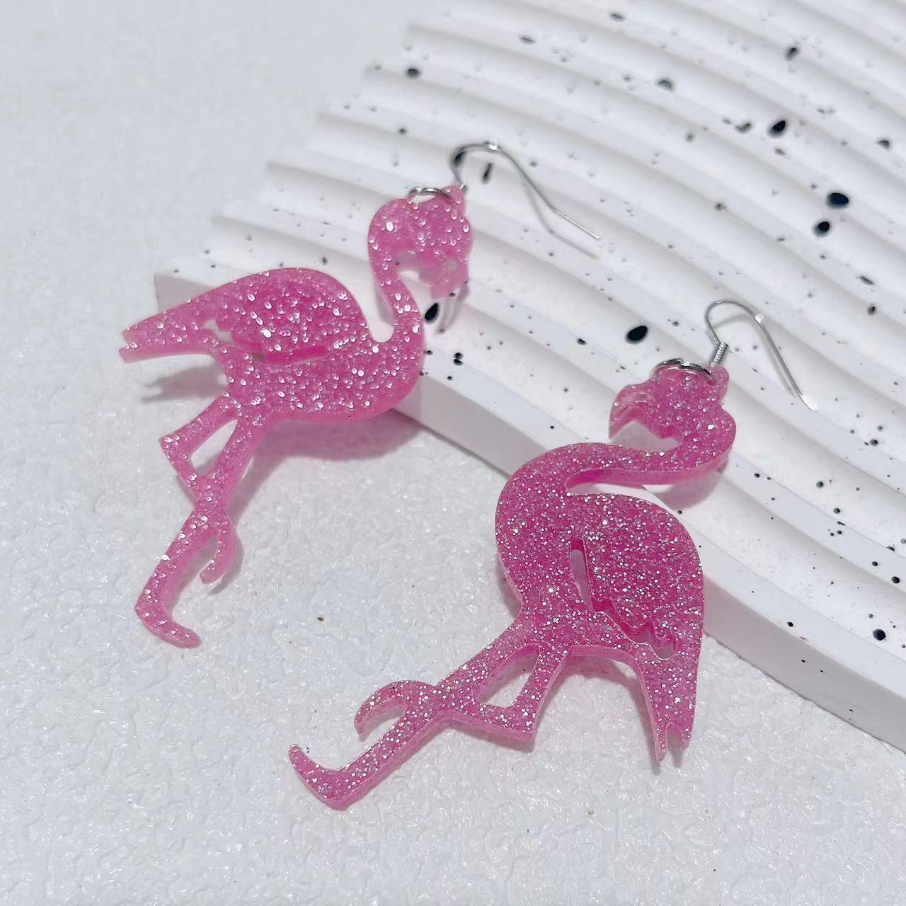 Wholesale glitter acrylic pink Valentine's Day fun cute Flamingo earrings